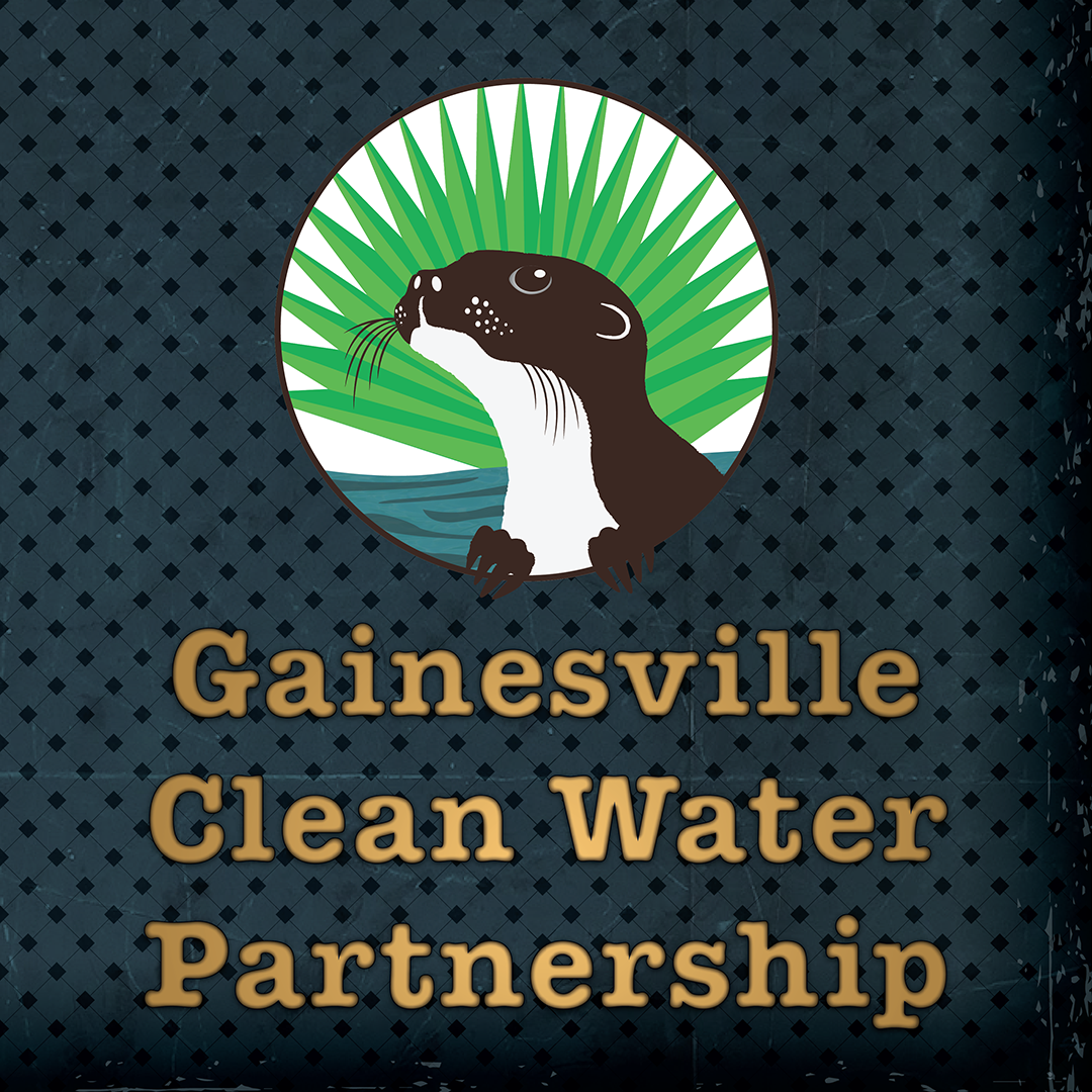 Gainesville Clean Water Partnership Logo with Elvis, the otter character, in front of a palm frond in front of a waterway.