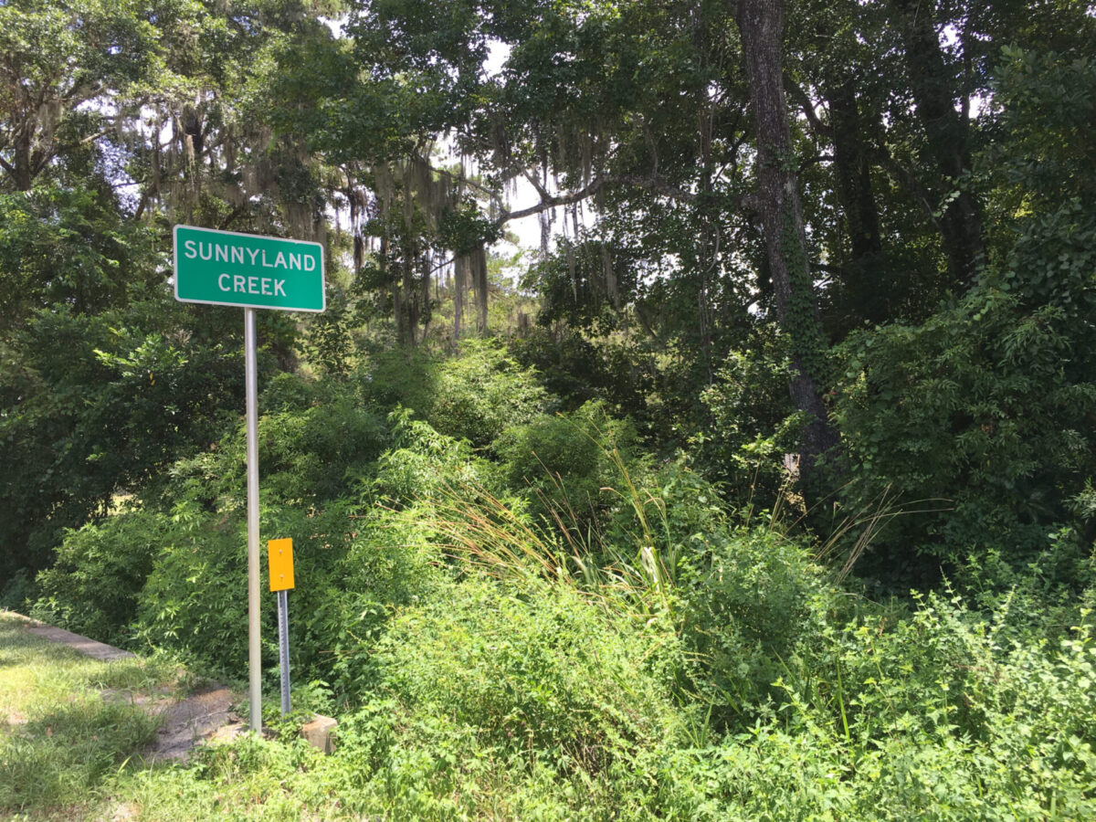Sunnyland Creek sign stands next to dense vegetation.